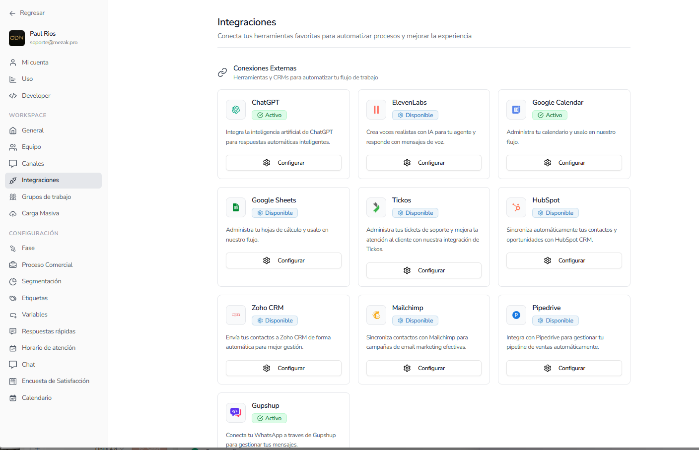 Integraciones del CRM: ChatGPT, Google Calendar, WhatsApp y más conexiones externas en Mezak