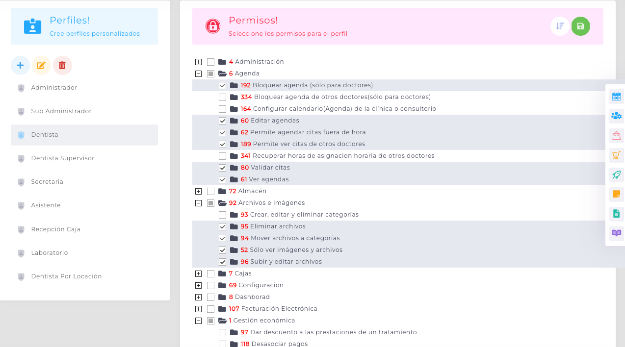 Perfiles de usuario por rol: administrador, dentista, secretaria, recepción y más en Mezak