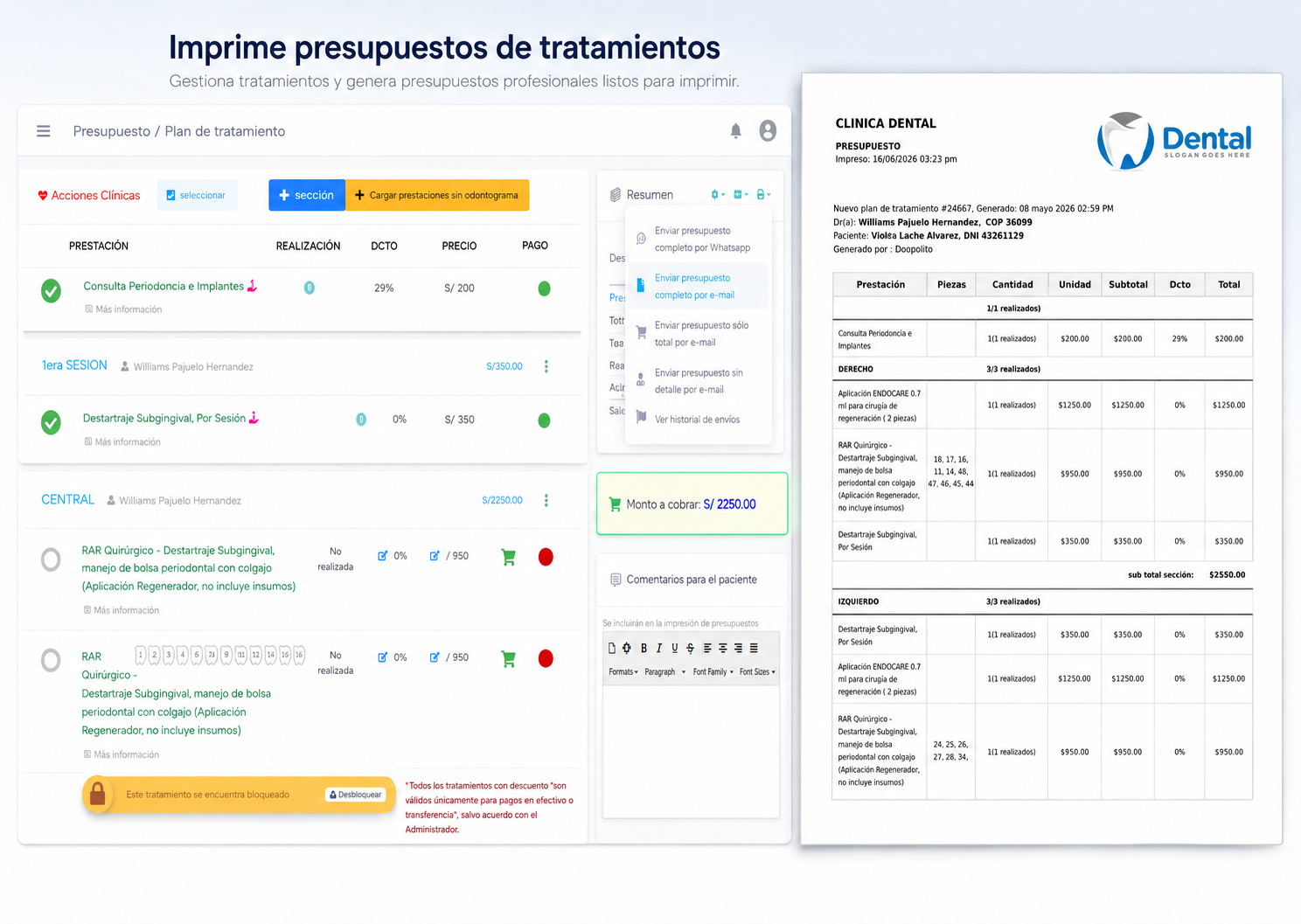 Plan de tratamiento y presupuesto profesional listo para imprimir en Mezak